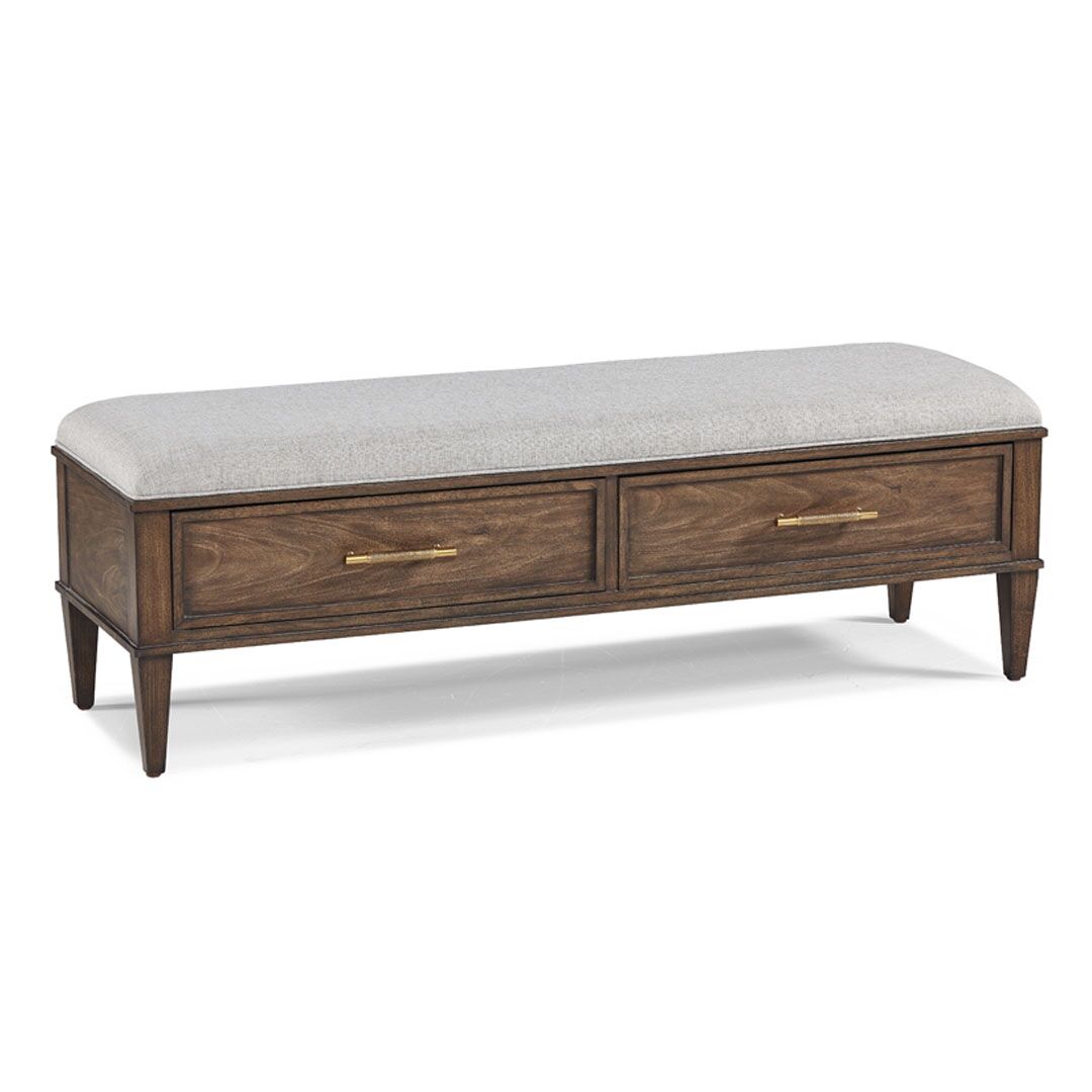 Hickory White Storage Bench in Cathedral Primavera Finish and Grey Linen Fabric 1