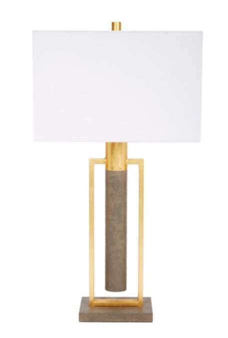 Cement Cylinder Lamp w/Gold Frame & Rect. White Linen Shade 1