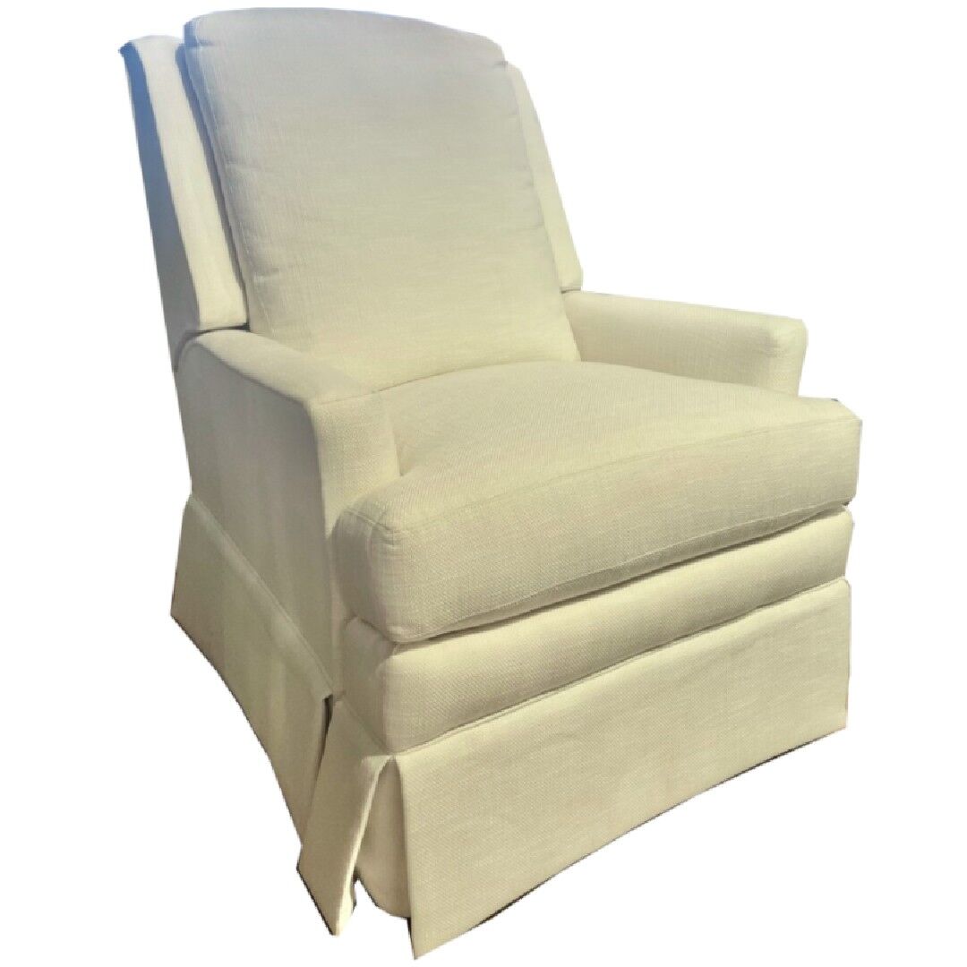 Motorized Swivel Glider Recliner w/ Attached Back, Track Arm and Skirt. Upholstered in Corben Pearl Gd. 38 Standard Seat Cushion. 1
