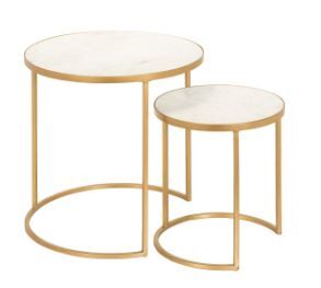 Set of Round Nesting Tables w/ Marble Top and Metal Base in Gold Finish. LG 1