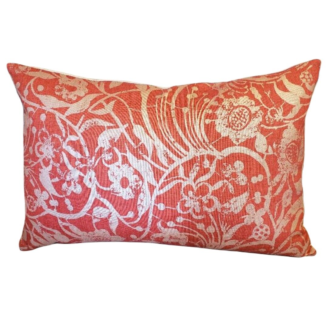 Red Lumbar Pillow w/ Gold Floral Design & Beige Backing 1